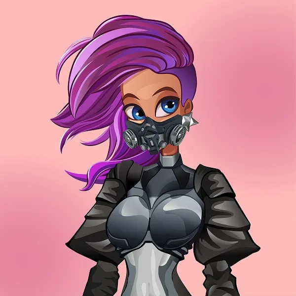 Alvara with purple hair and a respirator